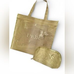 New in Bag Dior Shimmering Gold Mesh GWP Embroidered Star Tote and Pouch Set